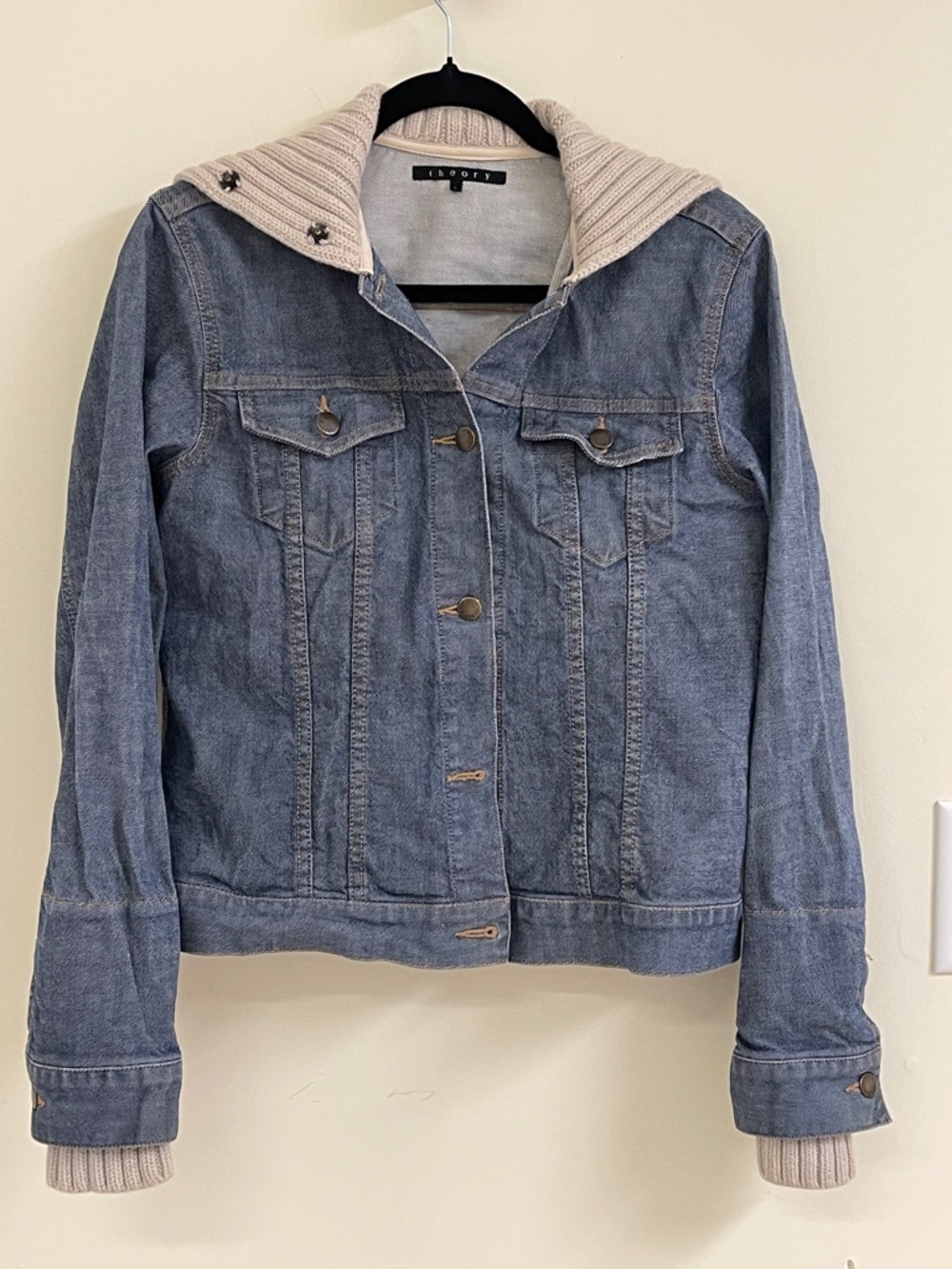 Theory Denim Jacket L Knit Collar Cuffs Blue Trucker Style